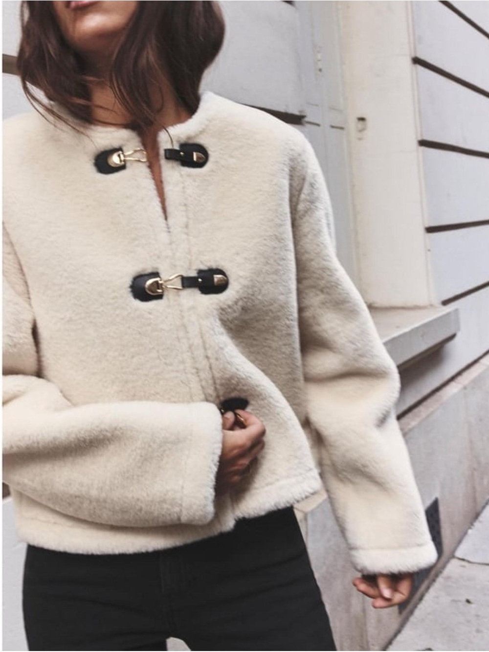 New Jason Wu Cream Faux Shearling Toggle Jacket with Black Trim Small
